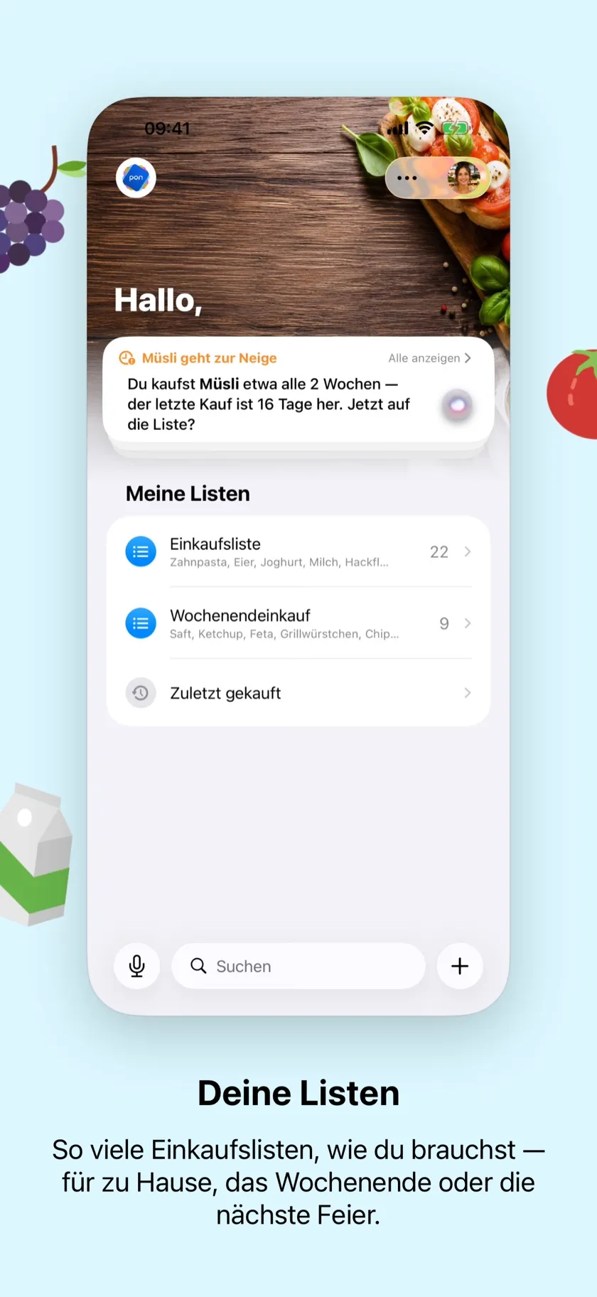 Die Listenübersicht — mit wechselnder Begrüßung