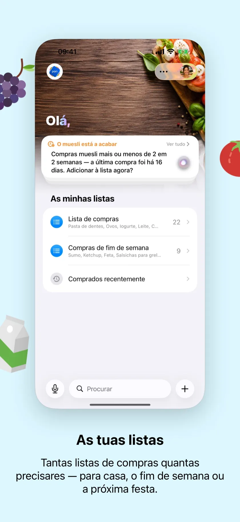 A vista geral das listas — com a sua saudação em mudança
