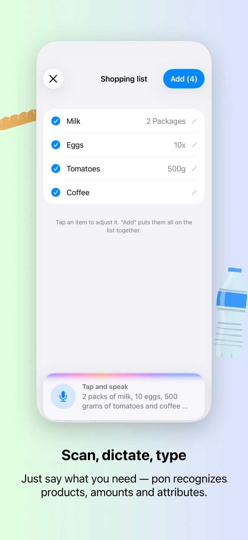 Dictating items — pon recognises products, quantities and attributes