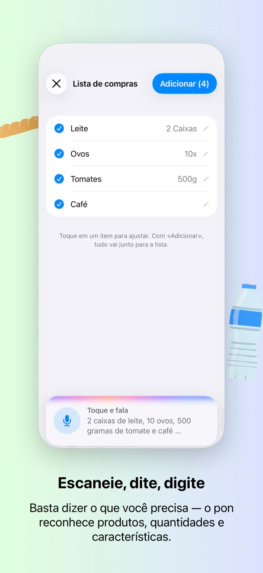 Ditando itens — o pon reconhece produtos, quantidades e atributos