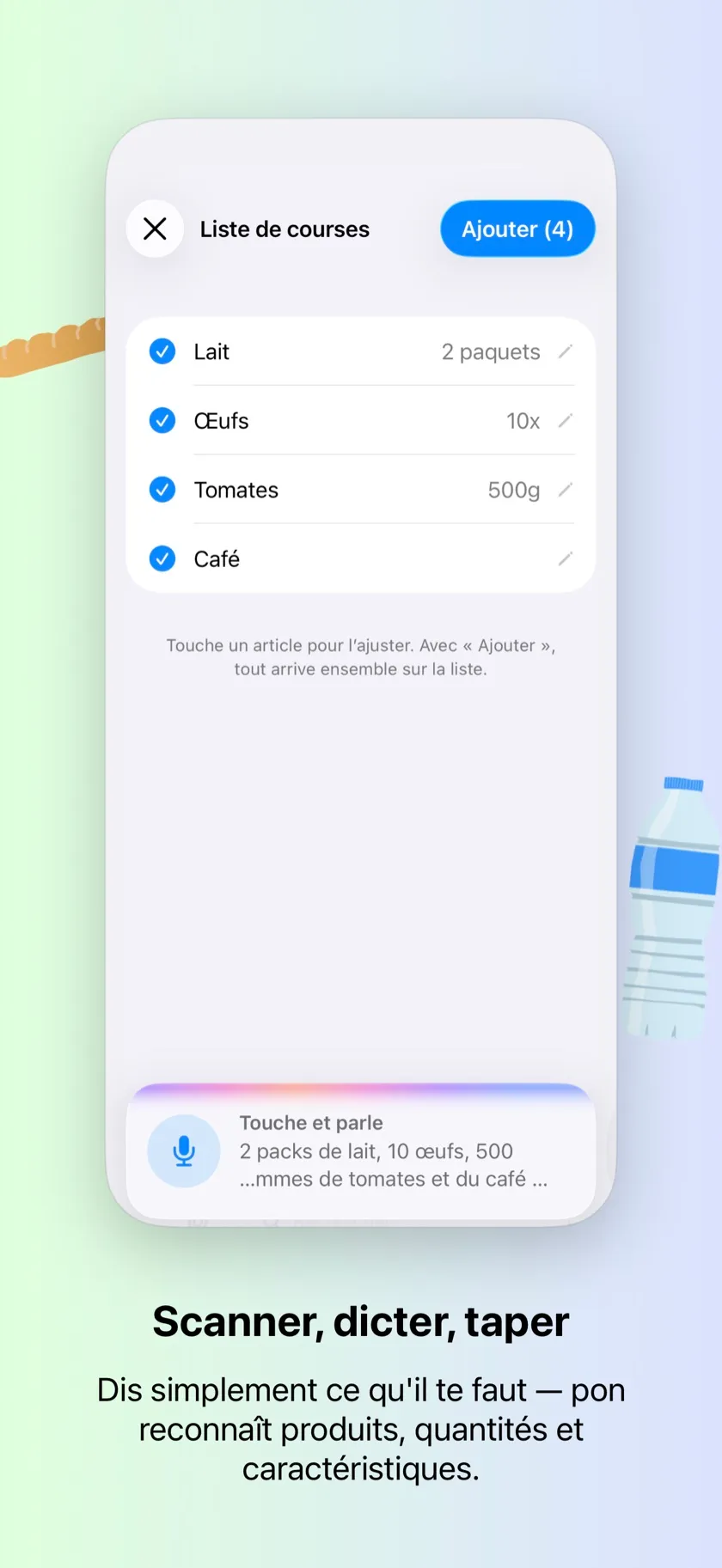Dicter des articles — pon reconnaît produits, quantités et attributs