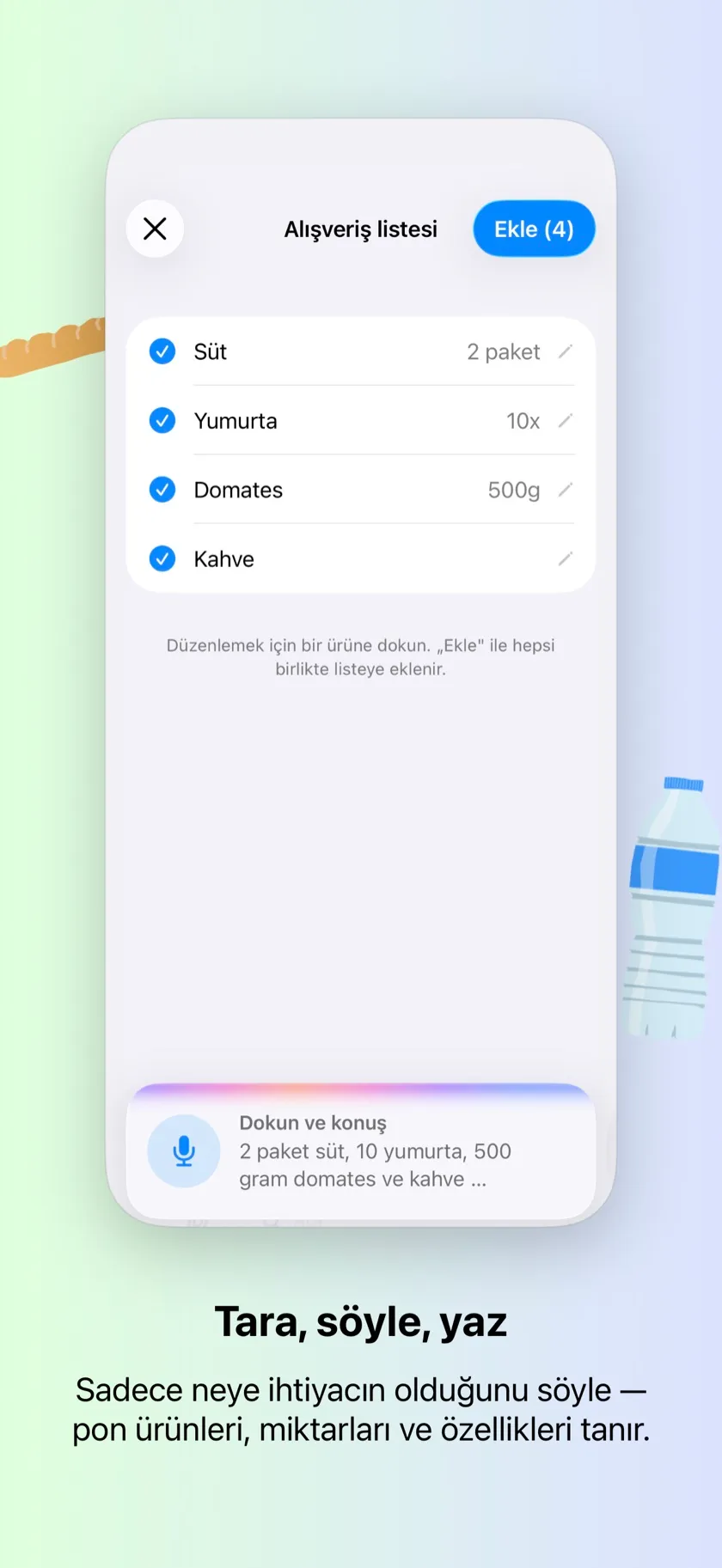 Ürünleri söyleyerek ekleme — pon ürünleri, miktarları ve özellikleri tanır