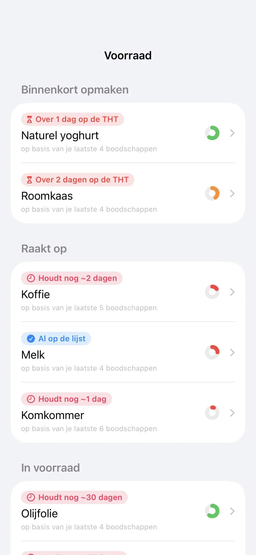 De voorraad: wat bijna over datum is, wat opraakt — geleerd uit je boodschappen