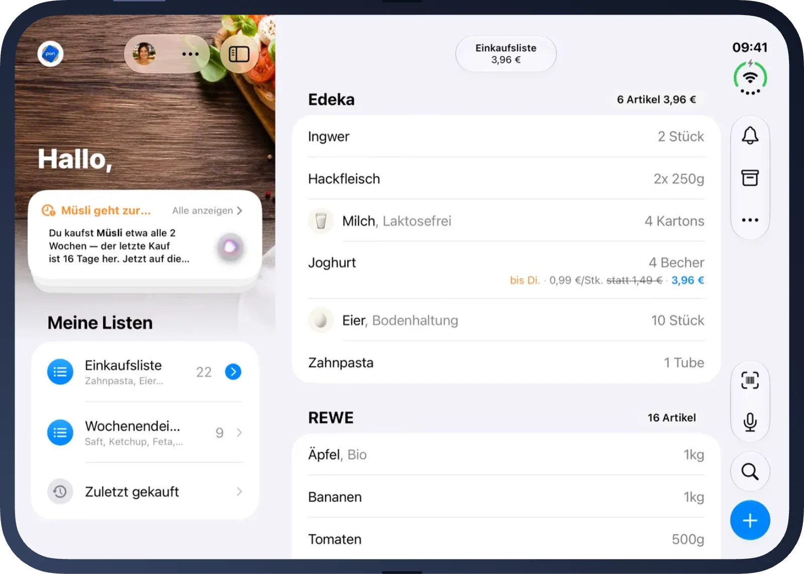 pon auf dem aufgeklappten iPhone Duo: links die Listen, rechts die Einkaufsliste