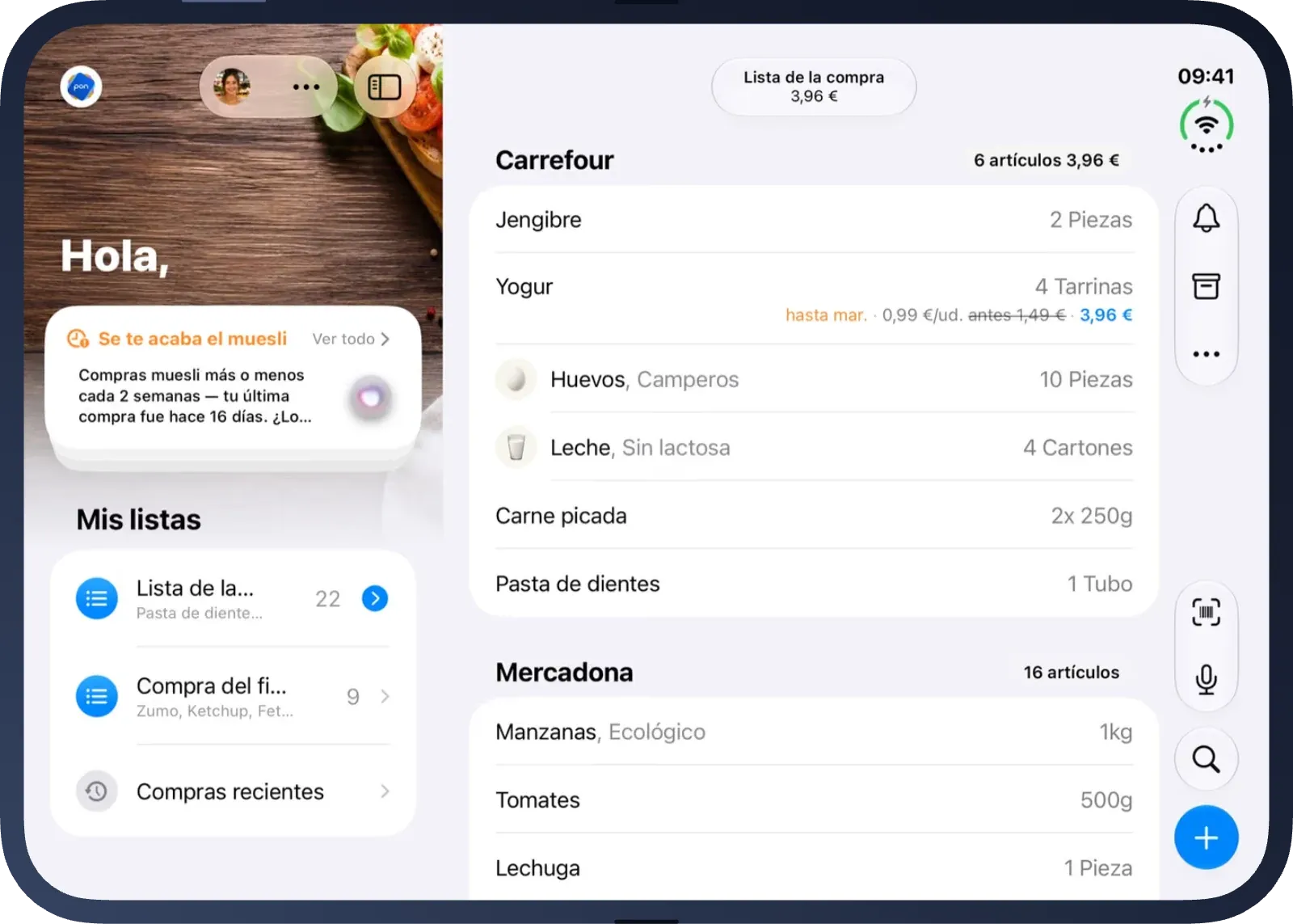 pon en el iPhone Duo abierto: las listas a la izquierda, la lista de la compra a la derecha