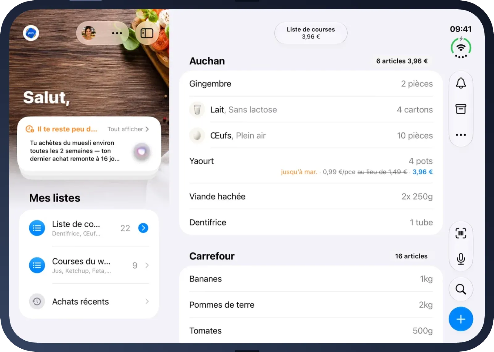 pon sur l’iPhone Duo ouvert : les listes à gauche, la liste de courses à droite