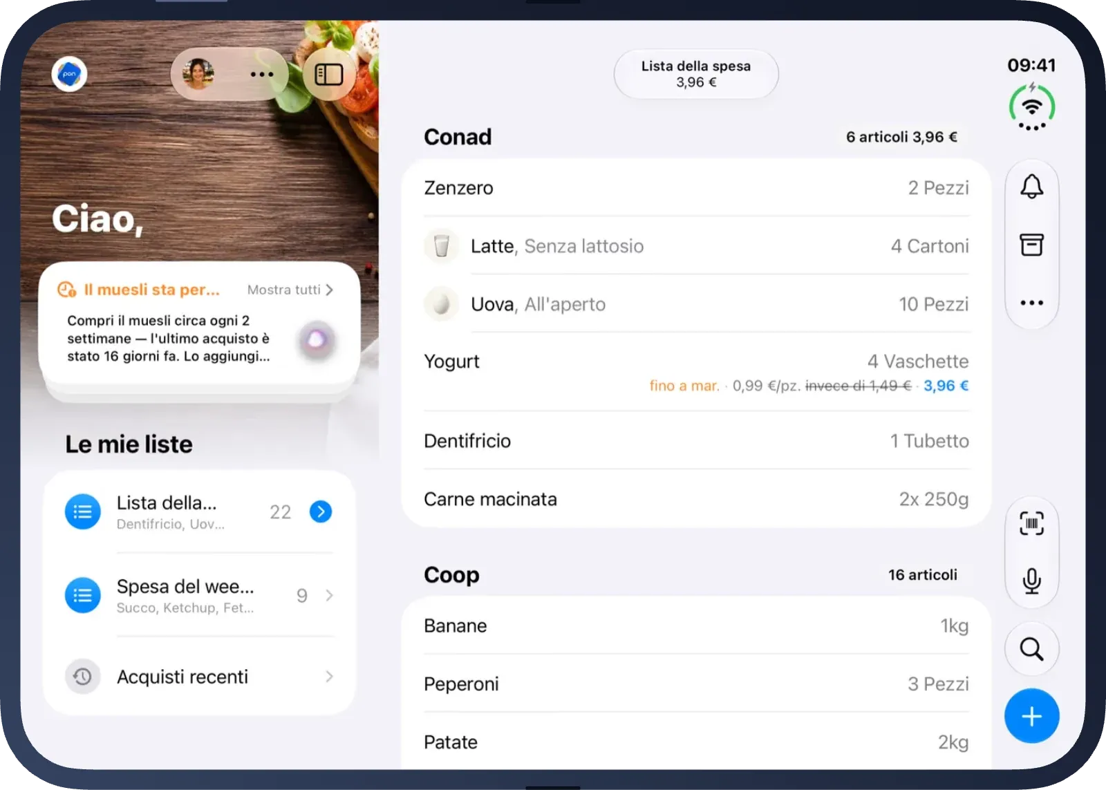 pon sull’iPhone Duo aperto: le liste a sinistra, la lista della spesa a destra