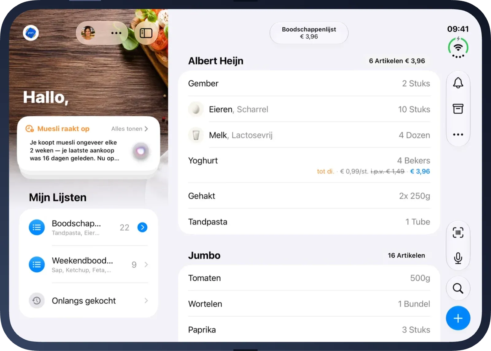 pon op de opengeklapte iPhone Duo: links de lijsten, rechts de boodschappenlijst