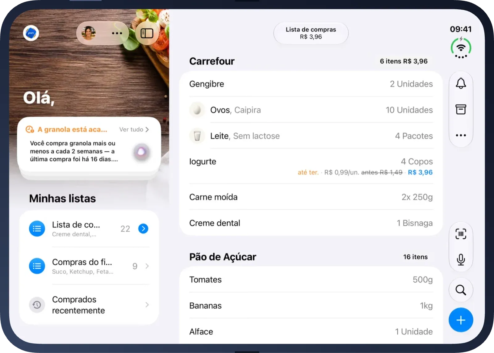 O pon no iPhone Duo aberto: as listas à esquerda, a lista de compras à direita