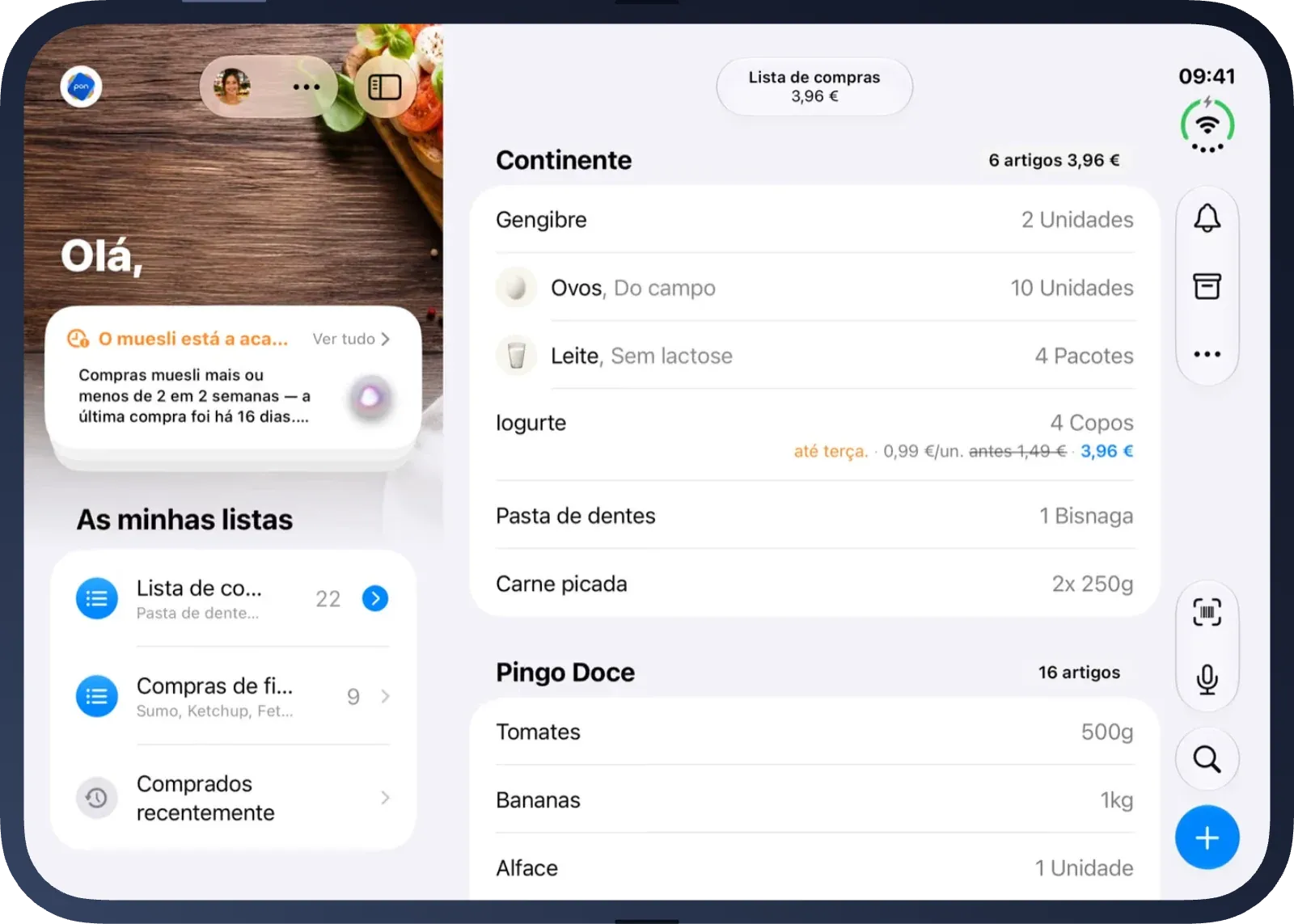 O pon no iPhone Duo aberto: as listas à esquerda, a lista de compras à direita